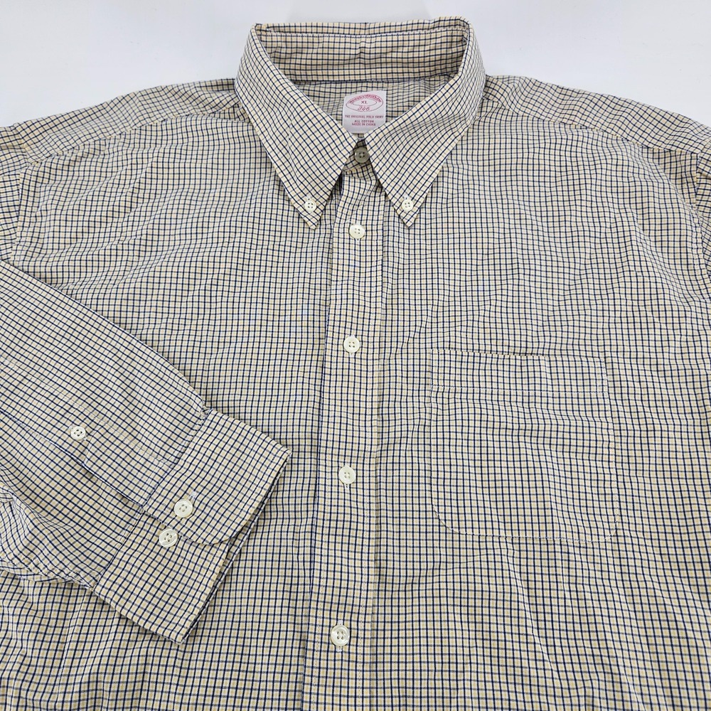 Brooks Brothers 346 Shirt Mens XL Yellow Blue Plaid Button Down Long Sleeve